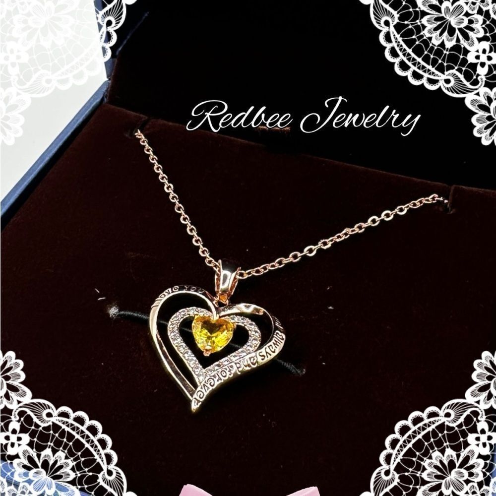 NIB‎ Redbee 18kt GP, Rose gold over s925, Yellow CZ in heart necklace!